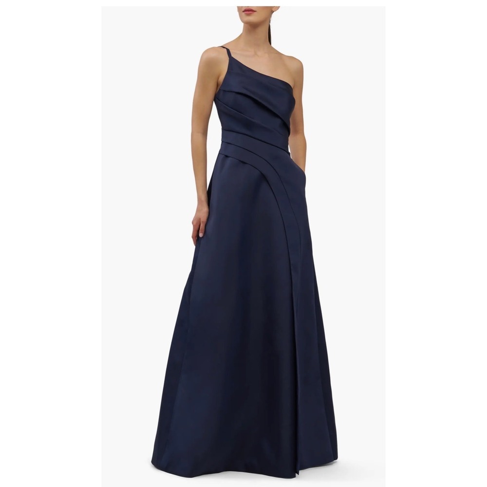 Kay Unger New York One Shoulder Pleated Gown Midnight Navy Blue Size 2 NWOT $348